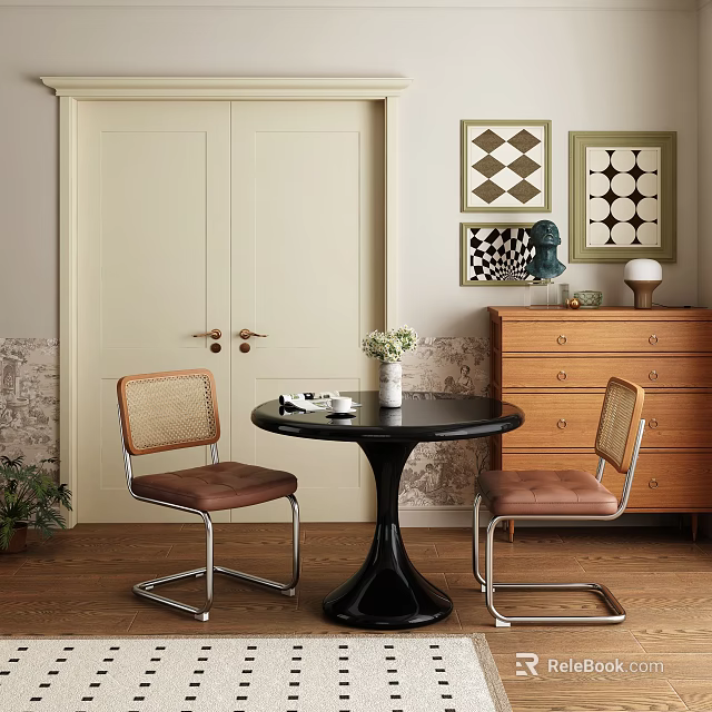 Modern Dining Table Set With Black Round Table Rattan Back Chairs And Metal Legs 3d model 