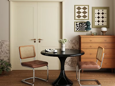Modern Dining Table Set With Black Round Table Rattan Back Chairs And Metal Legs 3d model