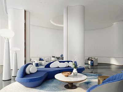 Modern Leisure Area Interior With Blue Sectional Sofa White Columns And Round Coffee Table 3d model
