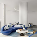 Modern Leisure Area Interior With Blue Sectional Sofa White Columns And Round Coffee Table