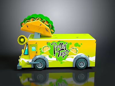 Yellow Taco Truck With Large Taco On Top And Text Logo Design 3d model