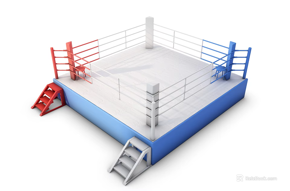 Professional Boxing Ring With Ropes Blue Base Red And Blue Chairs And Stairs 3d model 