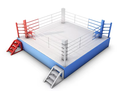 Professional Boxing Ring With Ropes Blue Base Red And Blue Chairs And Stairs 3d model