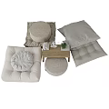 Soft Sofa Bench Setup with Pillows Rolled Towels Plant and Yoga Figurine