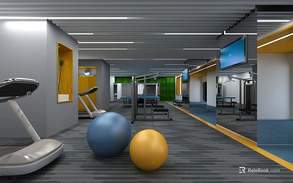 Modern Fitness Gym Interior with Exercise Balls Treadmill Equipment Mirror Walls And TV Screen 3d model 