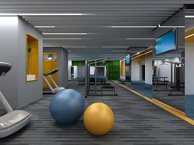 Modern Fitness Gym Interior with Exercise Balls Treadmill Equipment Mirror Walls And TV Screen 3d model