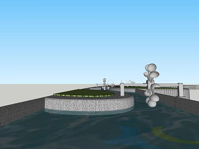 Garden Ornament Design With Water Feature Stone Platform Green Grass And White Spherical Decorations 3d model