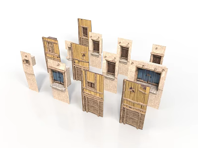 Building Models With Light Colored Stone And Wooden Structures Windows Doors Arranged In Staggered Layout 3d model