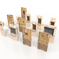 Building Models With Light Colored Stone And Wooden Structures Windows Doors Arranged In Staggered Layout