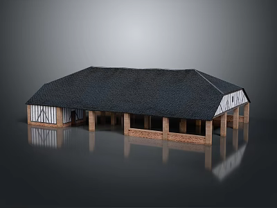 Traditional Barn Style Building With Black Roof White Brown Walls And Columns 3d model