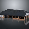 Traditional Barn Style Building With Black Roof White Brown Walls And Columns