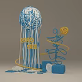 Blue And White Jellyfish Shaped Art Installation With White Threads Yellow Spiral And Blue Cubes