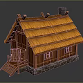 Cartoon Scene Featuring Cute Wooden Cottage With Orange Thatched Roof Stone Base And Wooden Stairs