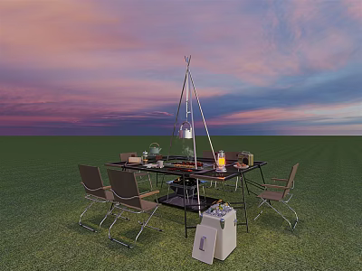 Outdoor Dining Table Setup On Grass Field With Sunset Sky Chairs Lamp And Portable Cooler 3d model