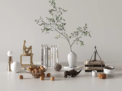 Modern Decorative Ornament Set Featuring Green Plant White Vase Books Sculptures And Sphere Ornaments 3d model