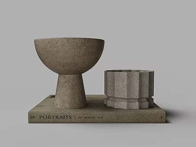 Minimalist Ceramic Vessel Set with Bowl and Cylindrical Shapes on Art Display Base 3d model