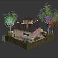 Cartoon Scene Featuring Charming House with Dark Roof Chimney Surrounded by Green Trees and Lawn
