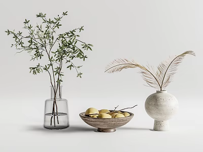 Glass Vase With Green Branches And White Vase With Feathery Plants Alongside Wooden Bowl Of Lemons 3d model