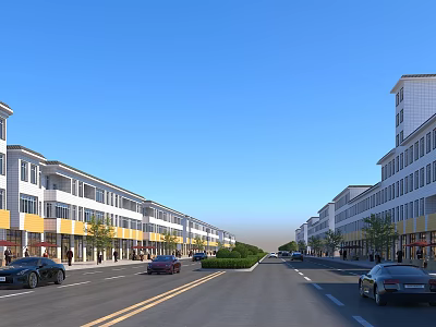 Commercial Street View With Modern Buildings Cars And Greenery On Both Sides 3d model