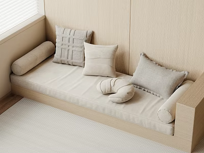 Light Gray And Beige Pillows With Various Textures On Beige Bench In Minimalist Cozy Interior 3d model