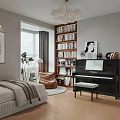 Modern Kids Room Interior Design With Bed Desk Bookshelves Piano And Chandelier