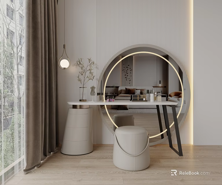 Modern Dressing Table With Round Mirror White Countertop And Beige Stool 3d model 