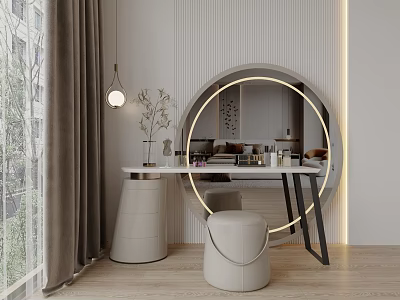 Modern Dressing Table With Round Mirror White Countertop And Beige Stool 3d model