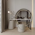 Modern Dressing Table With Round Mirror White Countertop And Beige Stool 3d model