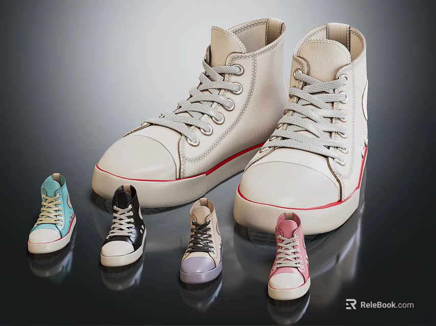 Large White High Top Lace Up Shoes and Small Colorful High Top Shoes Collection 3d model 