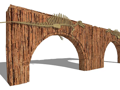 Wooden Entrance Gate With Arch Structure And Dinosaur Skeleton Ornament 3d model