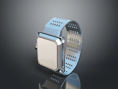 Modern Minimalist Silver Square Watch with Metal Perforated Strap Smooth Surface Design 3d model