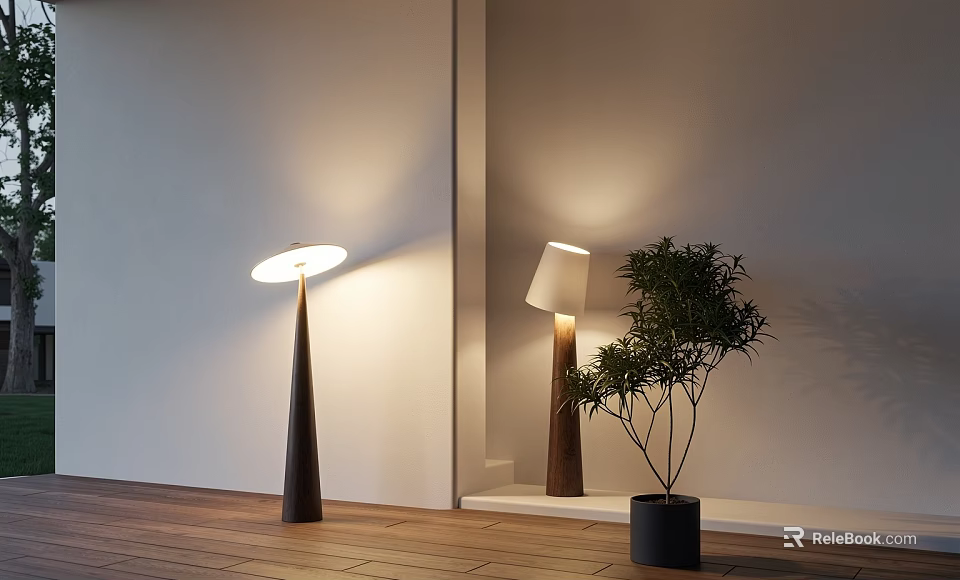 Modern Floor Lamps With White Shades Dark Bases Green Plant Against Light Wall Wooden Floor 3d model 