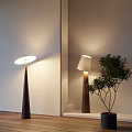 Modern Floor Lamps With White Shades Dark Bases Green Plant Against Light Wall Wooden Floor