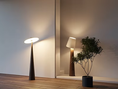 Modern Floor Lamps With White Shades Dark Bases Green Plant Against Light Wall Wooden Floor 3d model
