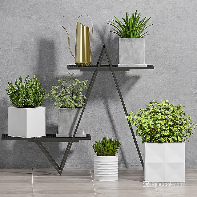 Indoor Potted Plants Display on Black Triangular Shelf with Various Material Pots and Grey Wall 3d model 