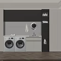 Modern Laundry Room Interior With Two Washing Machines White Counter And Black Cabinets