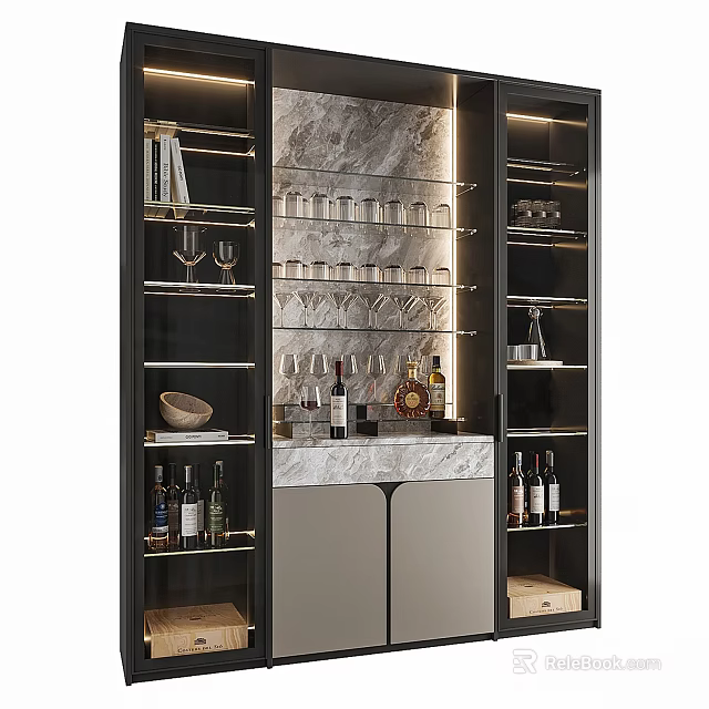 Modern Sideboard With Glass Doors Marble Top Wine Glasses And Storage Shelves 3d model 