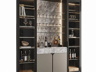Modern Sideboard With Glass Doors Marble Top Wine Glasses And Storage Shelves 3d model