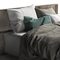 Modern Double Bed with Wicker Headboard Plaid Quilt and Green Gray Pillows