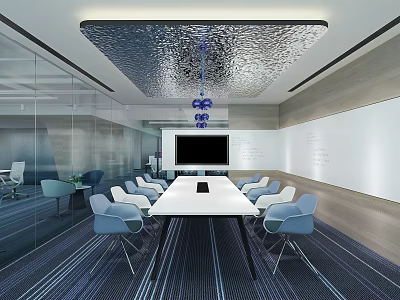 Modern Conference Room Interior With Long White Table Blue Chairs TV Screen And Ceiling Design 3d model