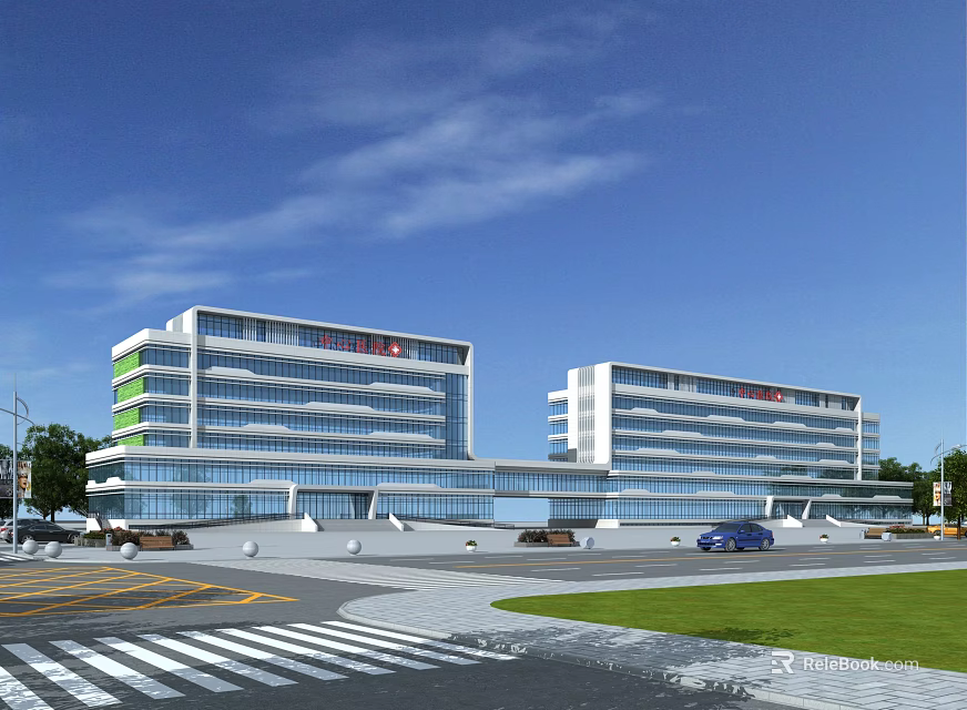 Modern Office Building With Glass Facade White Green Design Plaza Lawn And Parking Area 3d model 