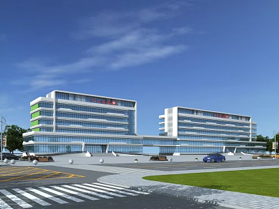Modern Office Building With Glass Facade White Green Design Plaza Lawn And Parking Area 3d model