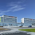 Modern Office Building With Glass Facade White Green Design Plaza Lawn And Parking Area
