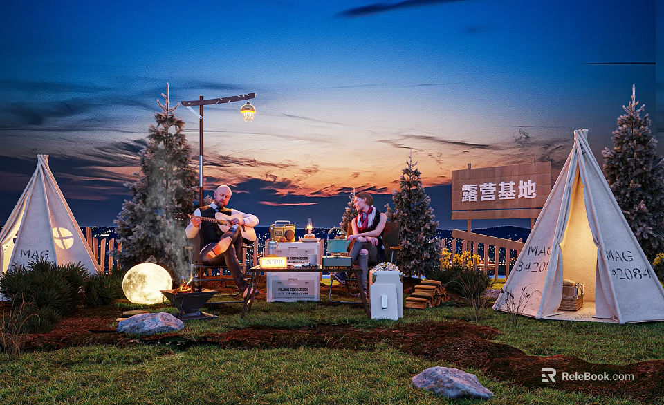 Cozy Campsite With Twilight Sunset Tents Campers Gear Lights And Trees 3d model 