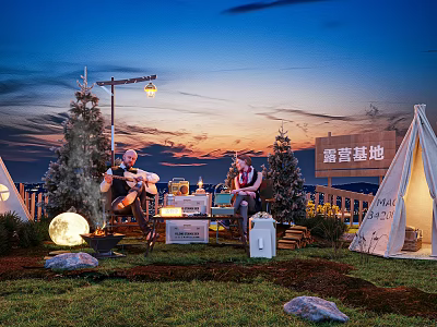 Cozy Campsite With Twilight Sunset Tents Campers Gear Lights And Trees 3d model