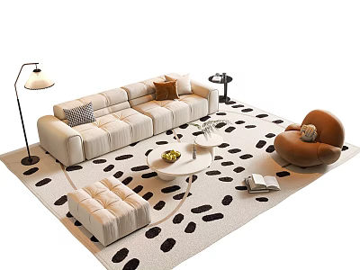 Modern Beige Sofa And Coffee Table Set With Black White Spotted Rug And Brown Armchair 3d model