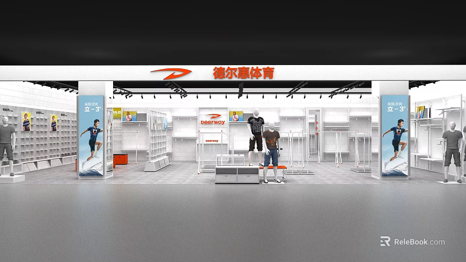Modern Sportswear Store Interior Featuring Shelves Mannequins Sports Clothing And Shoe Displays 3d model 