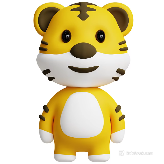 Cute Yellow Cartoon Tiger Doll With White Belly And Black Stripes 3d model 
