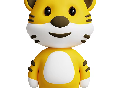 Cute Yellow Cartoon Tiger Doll With White Belly And Black Stripes 3d model
