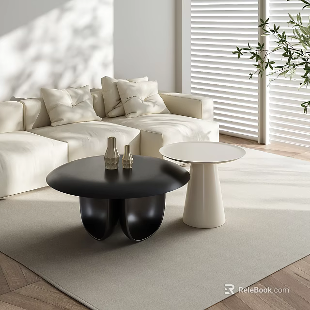 Modern Round Black and White Coffee Tables in Living Room with Beige Rug White Sofa 3d model 